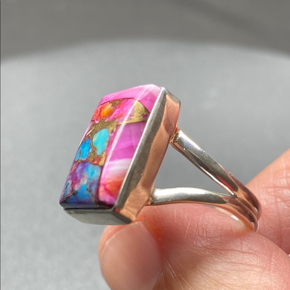 Kingman Pink Dahlia Turquoise Ring Size 8 in Solid Sterling Silver 925 - Picture 4 of 6